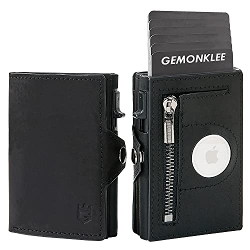 Image of Mens Wallet Card Holder for AirTag, Leather Smart Wallet for Men, Airtag Wallet Pop Up Wallet, RFID Blocking, Slim, Carbon Fiber, Minimalist - 10-14 Card Capacity | ID Window | Cash Slot (Black)