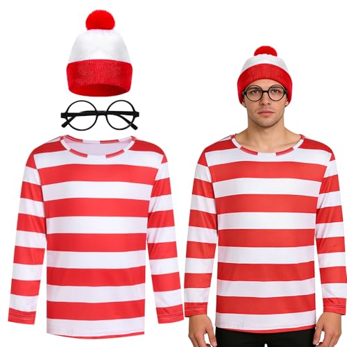 Weciau Conjunto de camiseta a rayas rojas y blancas para hombre, con gafas y gorro de pompón, disfraz de cosplay para adultos, para carnaval, día del libro mundial, Halloween, fiesta temática (XL)