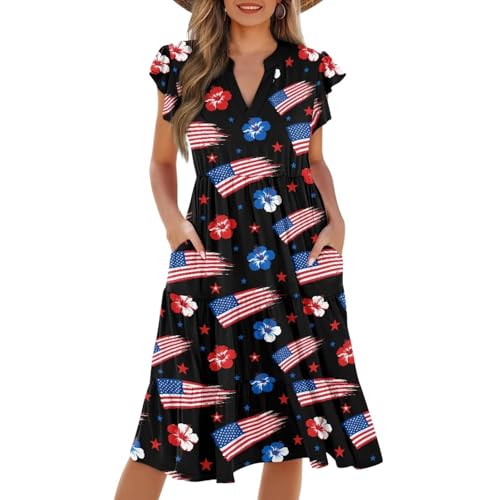 Image of Women's Casual Ruffle Sleeve Dress V Neck Pullover Dress Flowy A-Line Pleated Lightweight Dress with Pockets