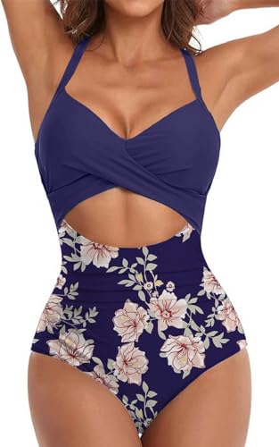 Yutdeng Bañador Mujer Traje de Baño Cut out Vintage Bañador Push Up Vientre Plano Bañador Reductor Barriga Bañadores Una Pieza Mujer Natacion Tallas Grandes Bañador Deportivo,Azul/Flor,XL