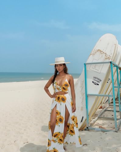 Image of Women Sexy 2 Piece Outfits Dress Chiffon Strap Deep V Neck Bra Crop Top High Split Maxi Dresses Skirt Set