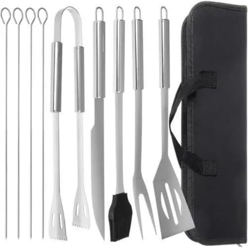 Kit para Churrasco 9 Peças, Utensílios em Aço Inoxidável com Bolsa de Transporte, Garfo, Espátula, F