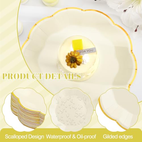 Image of NatNarr 30 Pcs Cream Paper Plates, 9 Inch Ivory Paper Plates with Gold Trim Scalloped White and Gold New Years Plate for New Year, Baby Shower, Wedding (Pack of 2)