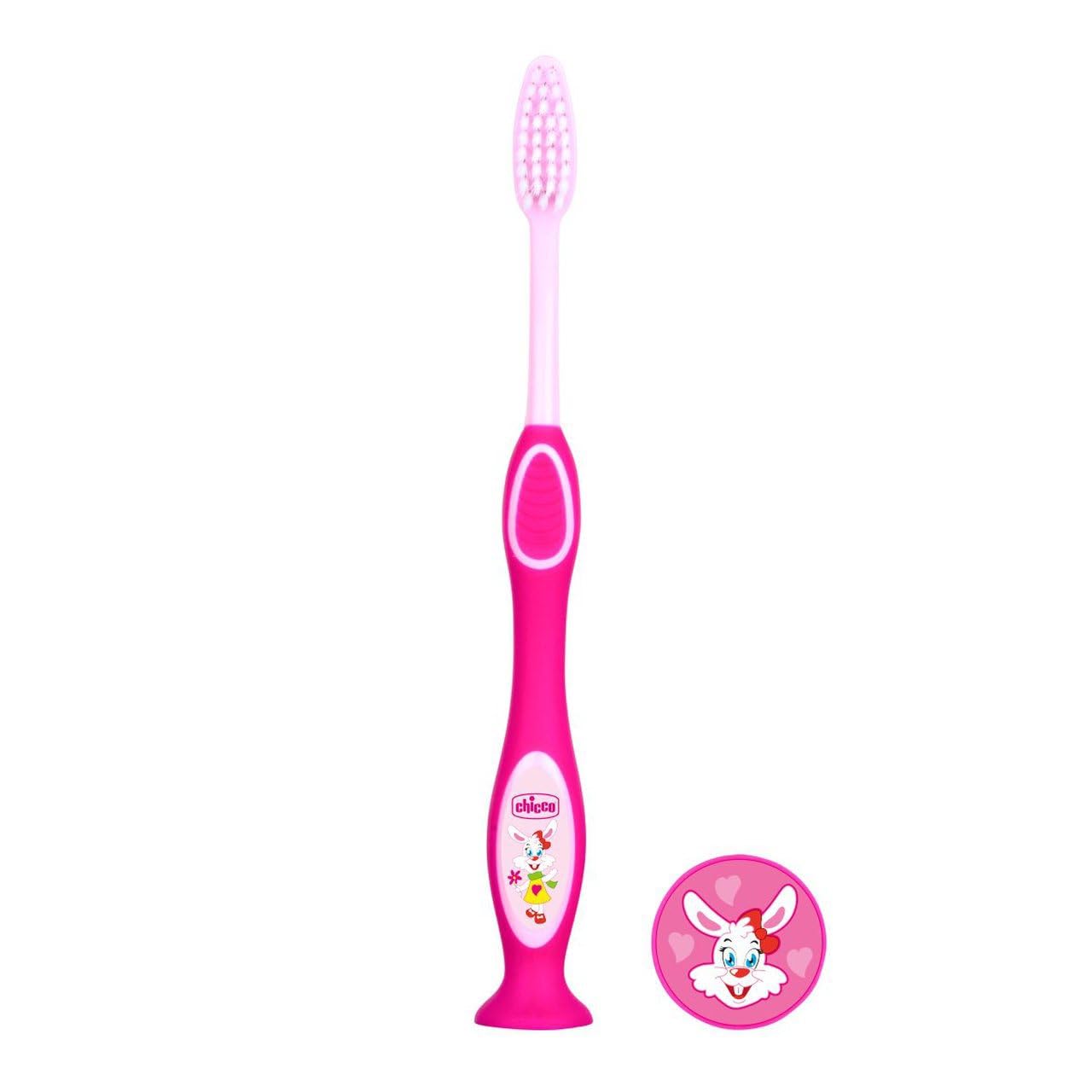 Chicco Toothbrush with Fine Bristles, Children's Toothbrush, Delicate Toothbrush, Tongue Cleaner, Ergonomic with Non-Slip Grip, Assorted Colours, Girl, 3-6 Years