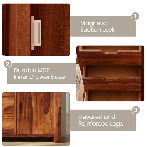 Image of SHIKHA WOOD CRAFT Solid Sheesham Wood Sideboard Cabinet with 2 Doors and 3 Drawers | Wooden Kitchen Cabinet, Crockery Unit, Dining Room Organizer, Living Room Storage Furniture (Kuber Natural Finish)