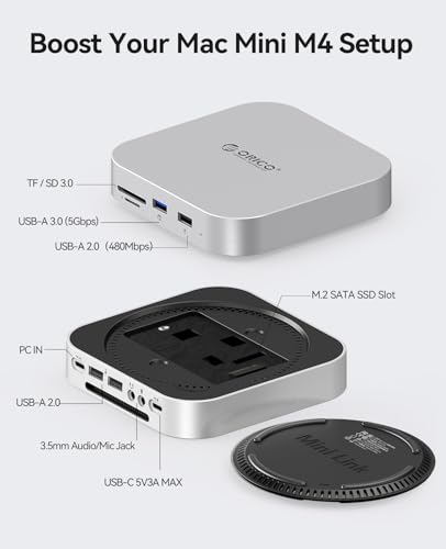 Image of ORICO MiniLink Mac mini M4 Hub with SATA SSD Enclosure, 5Gbps(480MB /s) USB 3.0 Port, SD 3.0 /TF 3.0 Card Readers, 3.5mm Headphone Jack and Microphone Jack (M410P)