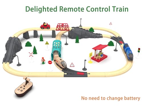 Electric Train for Wooden Track, Remote Control Train Toy, Motorized Train and Tunnel with Voice & Lights Effect, Battery Operated Locomotive Train Set Compatible with Thomas, Brio, Chuggington