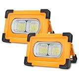 T-Sun 80W Solar LED Work Lights, Rechargebale Portable Flood Light with Stand, 4 Modes Outdoor IP65 Waterproof Flash Lights for Emergency, Camping, Fishing, Hiking, Car Repair, Job Site Light-2 Pack