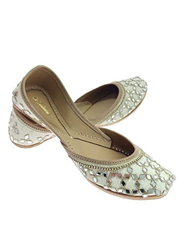 Image of Fulkari Women's Mirror Genuine Soft Leather Juttis | Bite and Pinch Free Jutis | Ladies Punjabi Jutti | Wedding Flat Stylish Mojari | Phulkari Ethnic Flats For Girls |