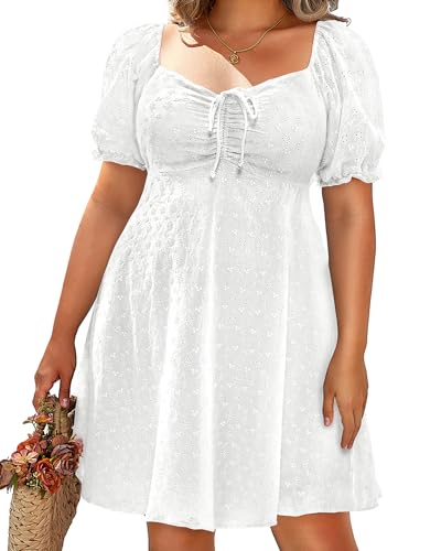 Pinup Fashion Summer Dresses Eyelet - 2025 Casual Puff Sleeve Short Sundress A Line Babydoll Cute Mini Dress