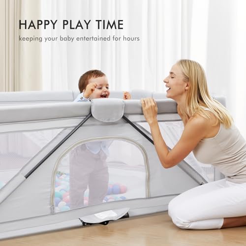 Image of Yobear Foldable Baby Playpen (79 inchx71 inch) - Portable Play Yard for Babies and Toddlers with 50 Ocean Balls, 2 Pull Handles & Carry Bag - Easy Setup Safe Indoor Outdoor Kids Activity Center (Grey)