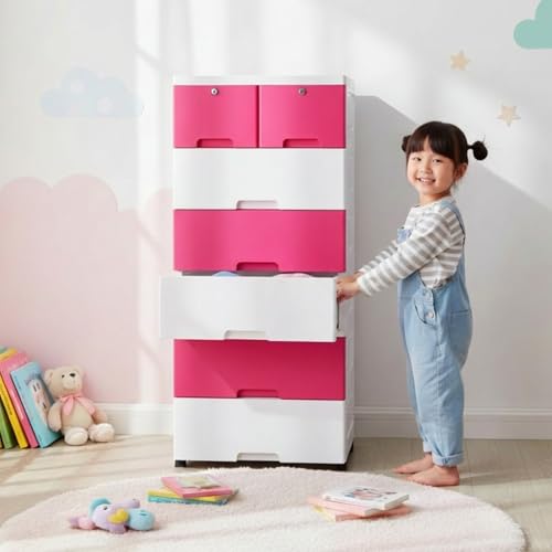 Image of The Tickle Toe 7-Drawer Plastic Chest for Kids | Multipurpose Organizer & Wardrobe for Clothes & Toys with Locks | Portable Storage Cabinet, 51L x 33W x 121H cm (Pink & White)