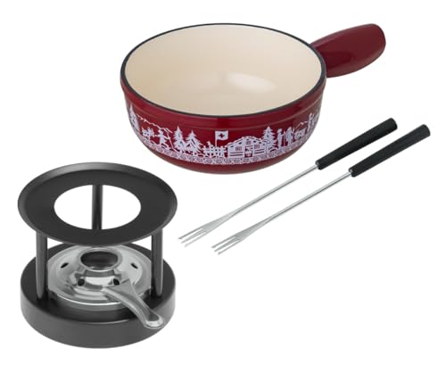 Kuhn Rikon Mini Cheese Fondue Set Alpine Meadow in Red Cast Iron - 17cm Pot for 2 with Rechaud and Forks - Image 2