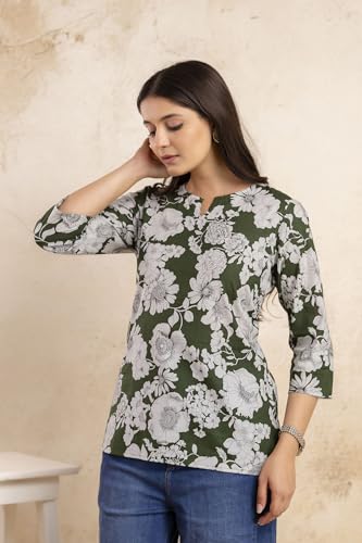 Image of Women's Floral Print Tunic Top, 3 /4 Sleeve, V-Neck, Casual Wear