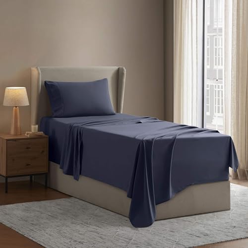 Image of Nestl Twin Bed Sheet Set - Navy Blue - 3-Piece Deep Pocket | Instantly Soft, Night-One Ready (No Wash Required). Fits 16-Inch Deep Pockets, 360-Degree Elastic Grip