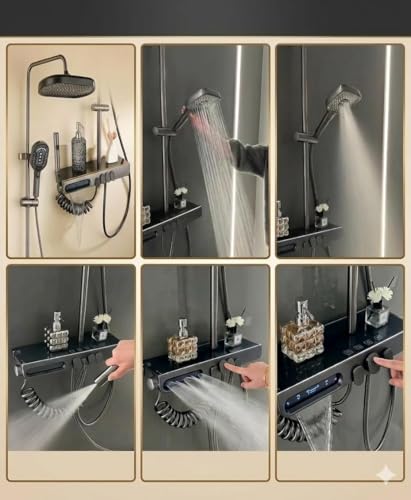 Image of X-XONIER Luxury Thermostatic Shower System with Rainfall Showerhead, 5-Way, Piano Key, Mixer Valve, Integrated Storage Shelf, 3 Ways Multi-Function Handheld Spray, and 2 mode Bidet Sprayer. Grey
