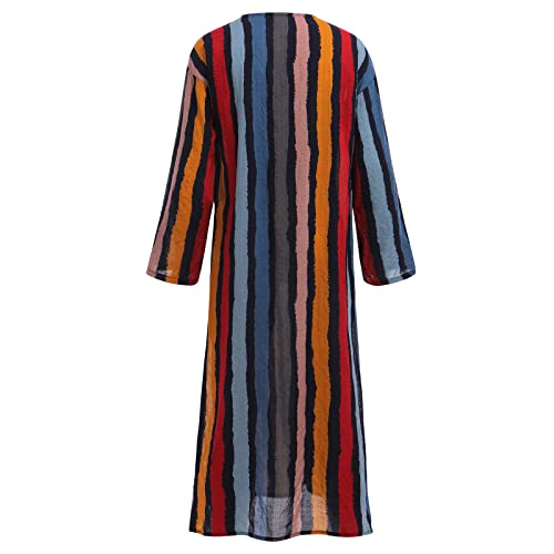 ODIZLI Mens Muslim Thobe,Men's Kaftan Robe V Neck Roll Up Long Sleeve Cotton Stripe Ultra Long Gown Thobe Shirts3