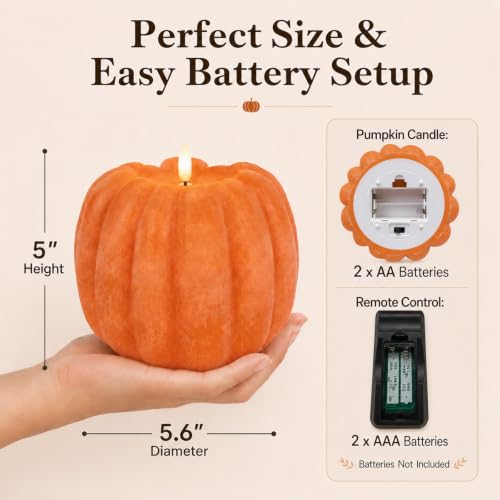Image of Fall Decorations for Home - Flameless Pumpkin Candles with Remote Timer, Realistic Orange LED Wax Pumpkin Decor, Battery Opearted Candles for Fall Halloween Thanksgiving Gifts Table Decor, Pack of 1