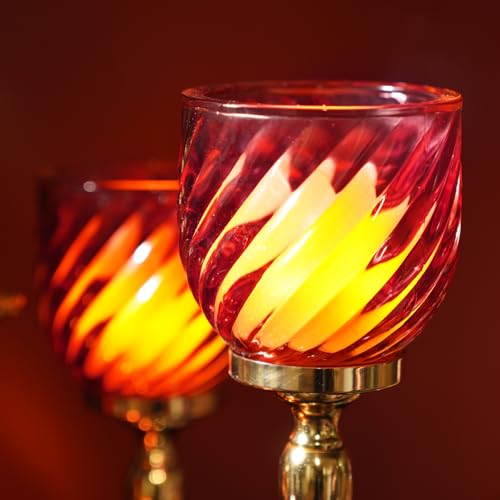 Image of Pure Home Red Swirl Textured Hurricane - Large | Size: 9 x 9 x 24 cm | Premium Hurricanes for Everyday Styling | Table Top & Shelf Decor Showpiece | Ideal for Housewarming & Wedding | Premium | Pack of 1