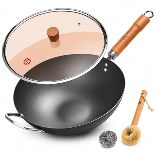 Image of WANGYUANJI 13.4 Inch Carbon Steel Wok Pan with Glass Lid, Flat Bottom Chinese Stir Fry Wok for Induction, Gas and Electric Stoves, Uncoated Iron Wok for Stir Frying, Sauteing and Deep Frying