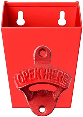 Jumiok Red Cast Iron Bottle Cap Opener Wall Mounted Beer Opener with Cap Catcher Narrow Bundle