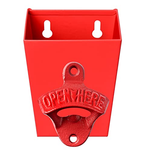 Jumiok Red Cast Iron Bottle Cap Opener Wall Mounted Beer Opener With Cap Catcher Narrow Bundle #TOP18