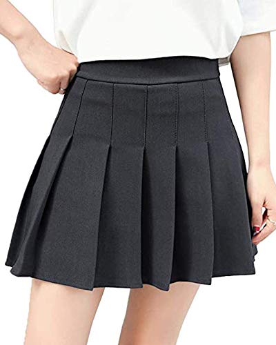 Saia escolar feminina de cintura alta plissada evasê skater tênis saia escolar shorts forro, Preto,