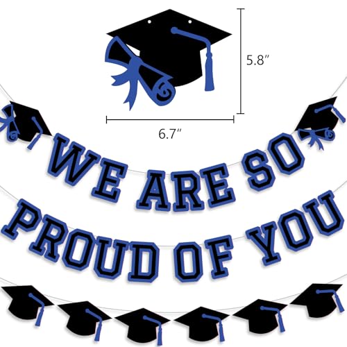 Image of We Are So Proud Of You Banner Graduation Party Decorations Congrats Grad Cap Garlands Wall Sign Blue Black