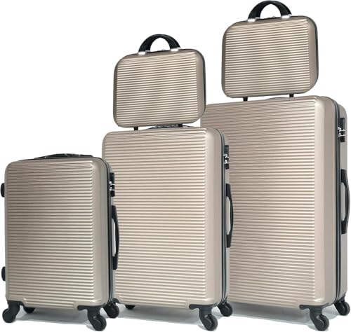 Luggage Sets 5 Pieces | Suitcase Set | Cabin + Medium + Large + 2x Cosmetic Case | ABS Lightweight Hard Shell Luggage Set with 2x Cosmetic bags | Champagne