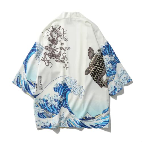 Men Japanese Aesthetic Kimono Cardigan, Harajuku Beachwear The Great Wave Off Kangawa Haori Noragi Vintage Short Sleeve Tops2