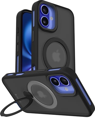 Image of eller sante Maximus Back Cover Case for iPhone 16 Plus with Magnetic Alloy Ring Metal Kickstand Camera Protector TPU Shockproof 10ft Drop Protection Compatible with Mag-Safe- Black