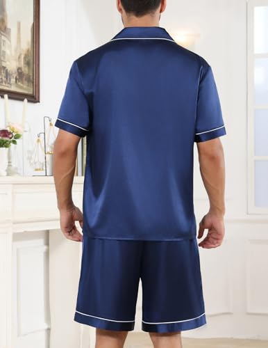 Image of Veseacky Mens Silk Satin Pajamas Set Short Sleeve Sleepwear Button-Down Pjs Sets Two-Pieces Loungewear with Pockets S-XXL