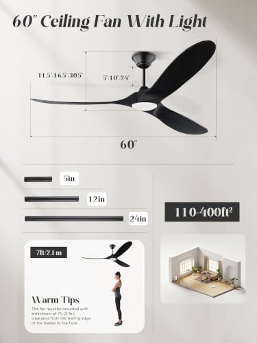 Image of 60 inch Black Ceiling Fans with Lights, 3 Solid Wood blade Fan