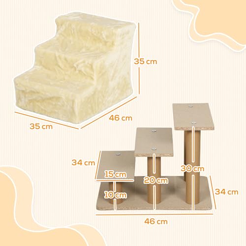 PawHut Dog Steps for Sofa, 3 Steps Dog Stairs, Pet Stairs, with Washable Plush Cover, for Small Breeds, Cats - Beige - Image 4