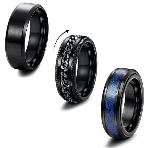 MILACOLATO 3 Anillos Hombre Negro Acero Inoxidable Fresco Cadena Torcida Anillo Ansiedad Dragón Celta Banda Anillo Spinner Abrebotellas De Cerveza Anillo Giratorio Fidget Ring 8mm Ancho