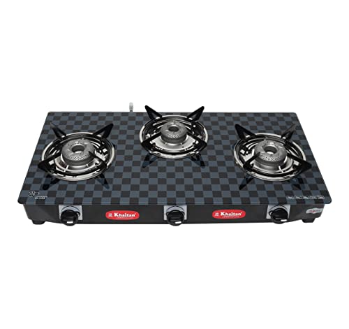 Khaitan 3 Burner Chetak Forged Toughened Glass LPG Gas Cooktop, Manual Ignition Gas Stove with 1 Year Warranty (ISI Approved)