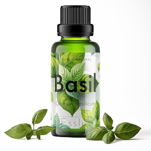 Image of Esslux Basil Essential Oil for Diffusers - 100% Pure & Natural Basil Oil for Skin Care, Aromatherapy, Massage, and Candle Making - Fresh, Herbaceous Scent for DIY, Fragrance, and Relaxation, 60ML