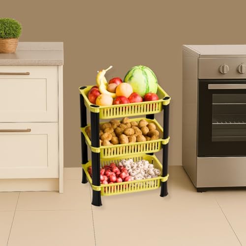 Image of Plastic Kitchen Rack, Multipurpose Vegetable & Fruit Storage Basket Organizer for Home, Pantry & Kitchen - Strong & Easy to Assemble (3 Layer, Yellow)