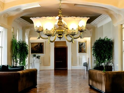 Image of Prop It Up Antique Chandelier, 6 Light Glass Shades, Antique Brass Finish, Victorian Style, Without Bulb