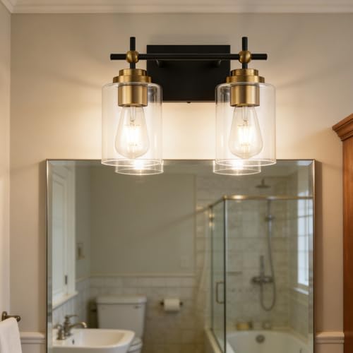 Image of SOLFART Vanity Lights Bathroom Light Fixtures: 2-Light Black and Gold Vanity Lighting Fixtures Bathroom Lighting Fixtures Over Mirror Clear Glass Shades(Bulbs Not Included)