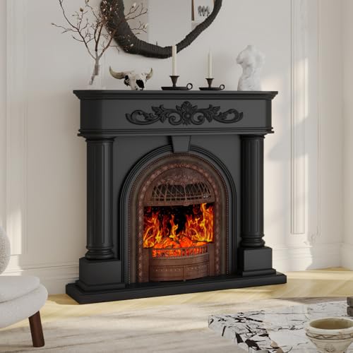 Image of 50 inch Solid Wood Electric Fireplace with Mantel, Black Roman Column TV Stand with Antique Bronze Finish Birdcage Heater Insert, Elegant Fireplace for Living Room, Bedroom & Entryway