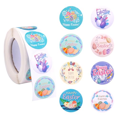 500uds Pegatinas Pascua, 2,5cm Rollo de Pegatinas Conejo Pascua 8 Diseños Happy Easter Rollo Pegatinas Redondas Etiquetas Festivas para Niños Decoración de Regalos Sobres (Estilo Huevo)