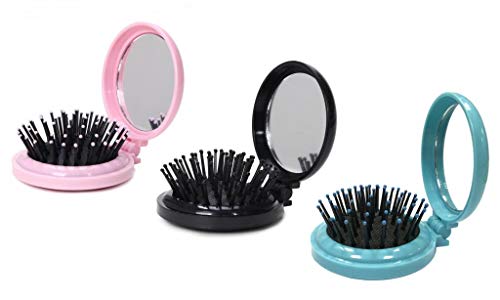 Louise Maelys 3pcs Round Folding Hair Brush with Mirror Pocket Hair Comb for Travel Gift Idea