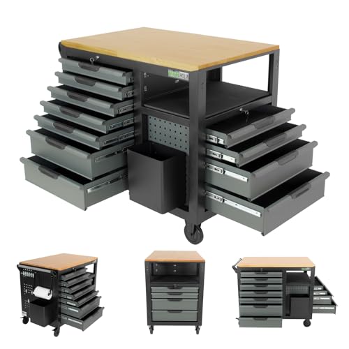 TRUTZHOLM Werkstattwagen Jumbo XXL 11 Schubladen abschließbar 4 Ablagefächer Lochwände an 3 Seiten, unbestückt Werkzeugwagen mit Rollenhalter + Abfalleimer, ca. 104 cm hoch x 113 cm breit Kücheninsel