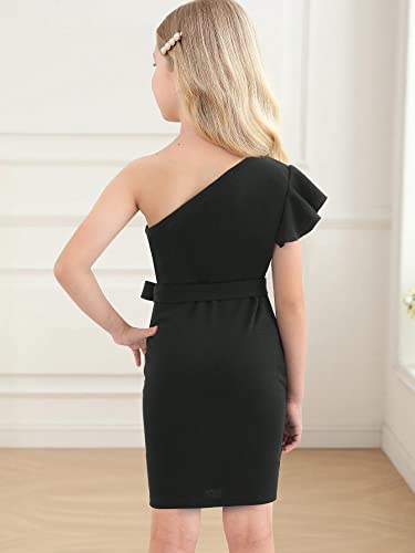 WDIRARA Girl's Cute Ruffle Trim Belted One Shoulder Cap Butterfly Sleeve High Waisted Mini Dress2