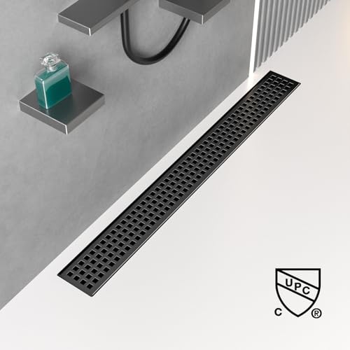 Image of BARONAGE Linear Shower Drain 32 Inch Rectangular Floor Drain with Removable Square Hole Cover and Hair Catcher, Long Shower Drains 304 Stainless Steel CUPC Certified (Matte Black)