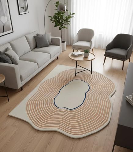 Image of Hand Tufted Wool Rug 6x8 Ft - Modern Irregular Shape Aesthetic Carpet, 1 Inch Thick Pile, Anti-Skid Backing, Soft Handmade Woolen Area Rug for Living Room, Bedroom, Hall Decor