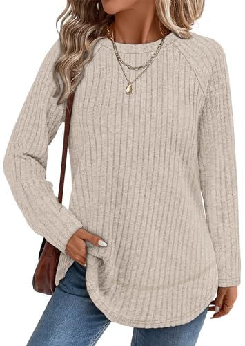 WIHOLL Long Sleeve Shirts for Women Casual Tops Plus Size Fall Fashion Trendy Sweaters Lightweight Winter Clothes Loose Fit Apricot L