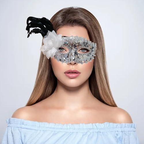 Image of Wanna Party Women's Silver Sequin Eye Mask with White Flower for Masquerade Party,Fancy Dress Costume, New Year Party