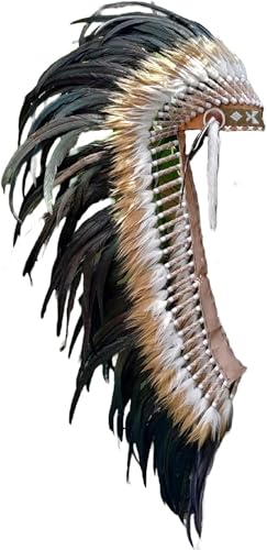 Extra Large Natural rooster Feather Headdress with white and brown hair (43 inch long)